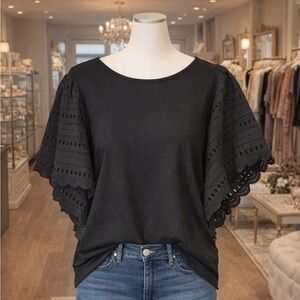 Black Eyelet Flutter Sleeve Blouse - Unbranded